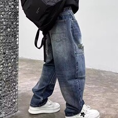 水洗复古高街破洞补丁闪电牛仔裤男宽松直筒长裤美式街头痞帅潮，男装牛仔裤，星座506A