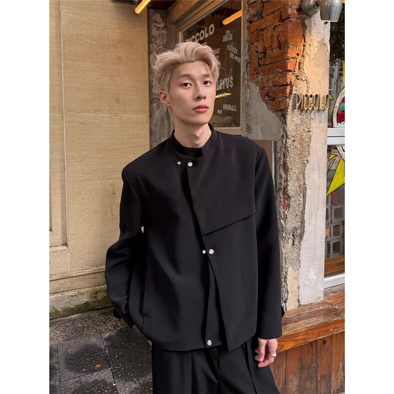 春季新中式垫肩斜门襟西服外套男解构设计感痞帅立领夹克JKXX35,男装西服,星座516A