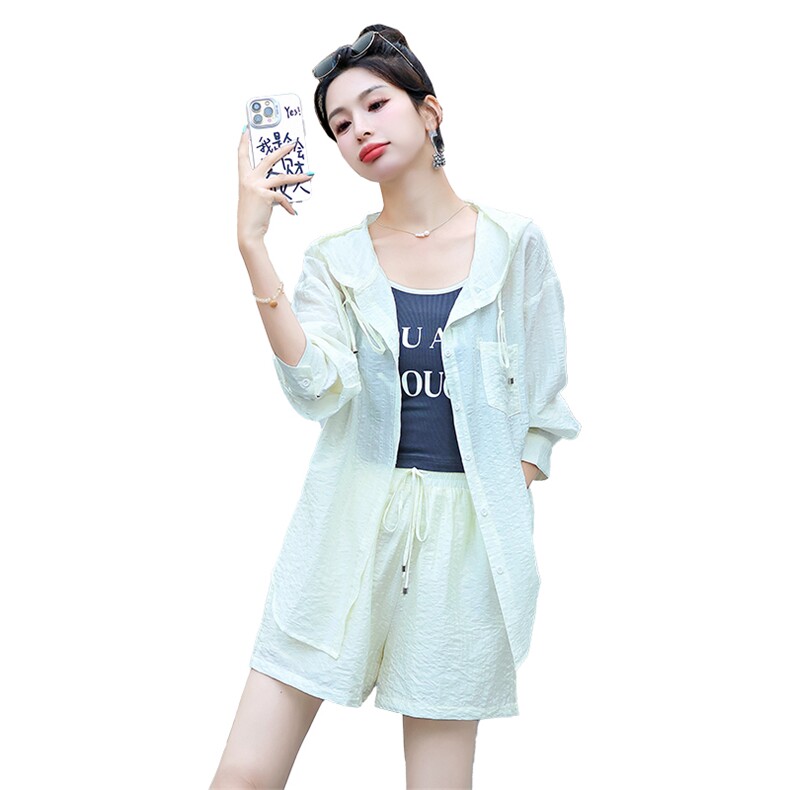 防晒衣套装女2025新款夏季小个子时尚洋气时髦衬衫吊带短裤三件套,女装套装/套裙,韩蜜菓