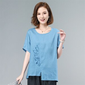 2021夏季新款气质圆领拼贴纯色麻短袖上衣,女装衬衫,叶笙衣