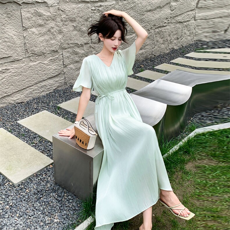 夏季高端天丝连衣裙女长款过膝高级感精致轻薄显瘦飘逸雪纺裙子夏，女装连衣裙，然然