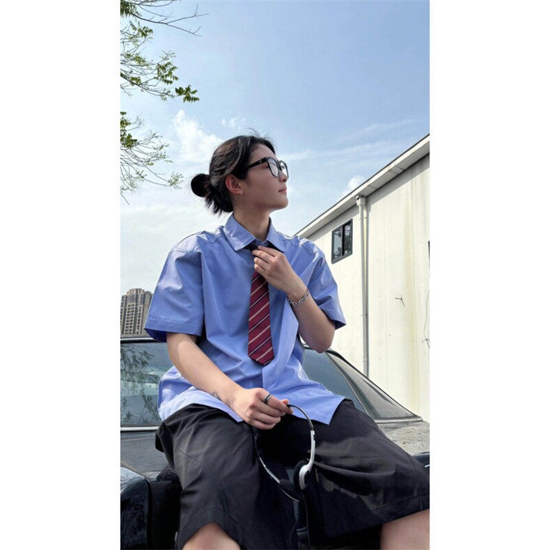 CS22-P45夏季新款简约学院风短袖衬衫潮流宽松休闲百搭衬衣,男装T恤,电商B327