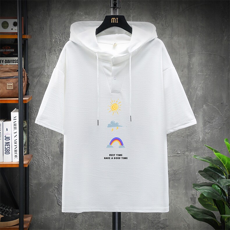 LD54141-P45连帽短袖t恤男大码胖子带帽五分袖中袖展架,男装T恤,电商A040A