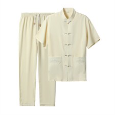 中老年亚麻套装高档唐装夏太极服中式刺绣立领短袖上衣风套装，男装中老年男装，钱塘723