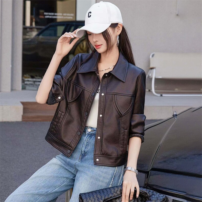 欧货翻领PU皮衣外套女2025新款春秋短款超好看机车服水洗夹克,女装皮衣,潮流依族