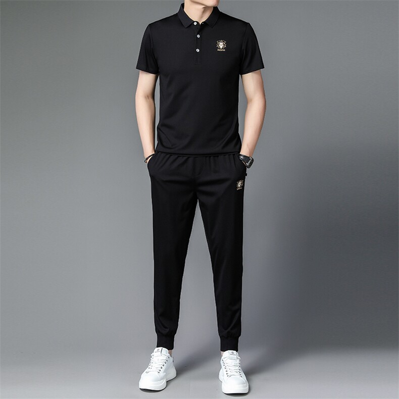 短袖t恤套装夏季两件套男士新款圆领半袖商务休闲服纯色男装服饰图片