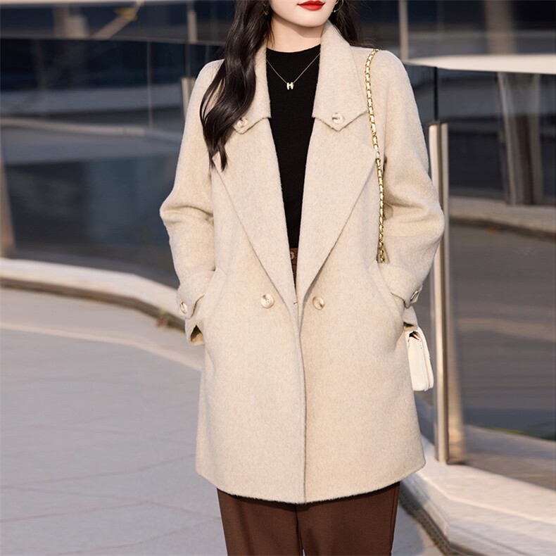 休闲/淑女通勤2024年秋季新款长袖纯色羊毛大衣,女装双面呢大衣,亿美羊绒