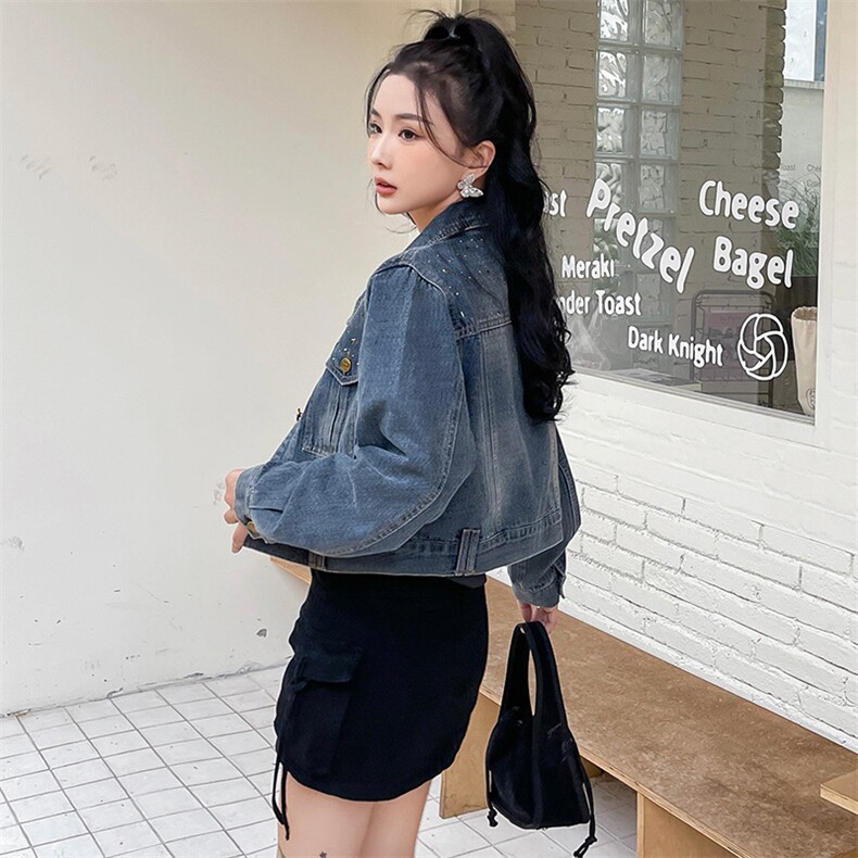 复古蓝休闲牛仔外套女2023年春秋新款设计感时尚显瘦夹克短外套潮,女装短外套,纯色衣恋