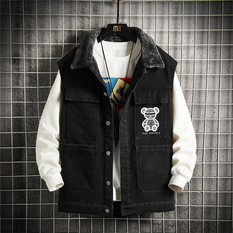MJ235J-68-控98 M-5XL 牛仔大码网格马甲男工装ins无袖外穿潮牌图片