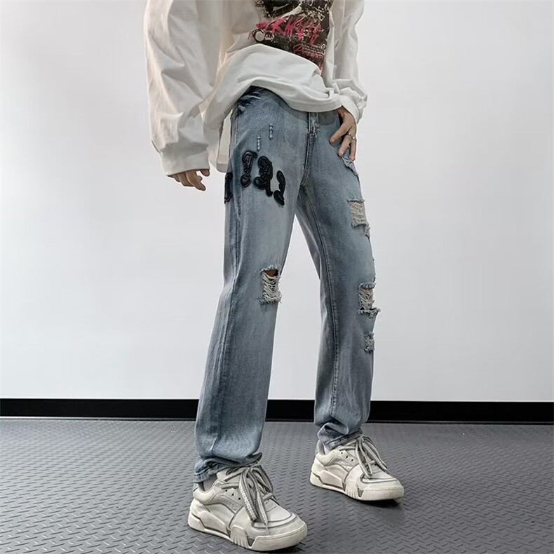 破洞牛仔裤男美式高街刺绣字母直筒裤百搭潮牌裤子男RK904-P47,男装牛仔裤,星座412-3