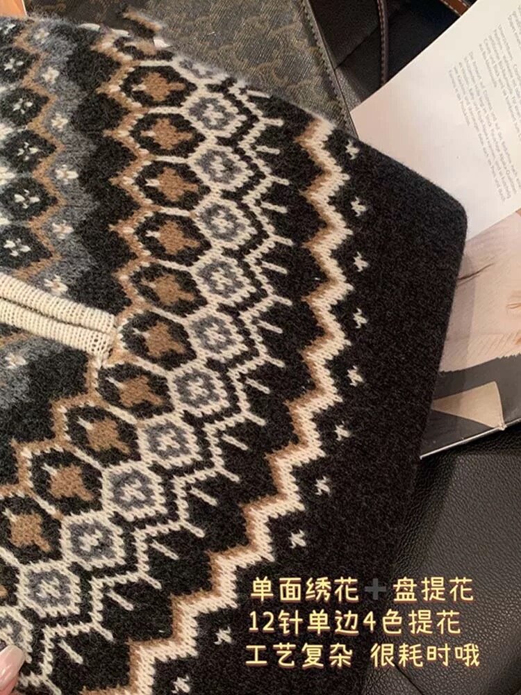 2024冬季新款羊毛衫费尔岛提花半拉链加厚保暖毛衣女英伦风,针织衫/毛衣,雪真羊绒