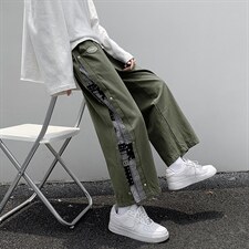 高街潮牌裤子男夏韩版拼接腰果花排扣裤阔腿直筒工装裤K1186-P30，男装休闲裤，星座512-4