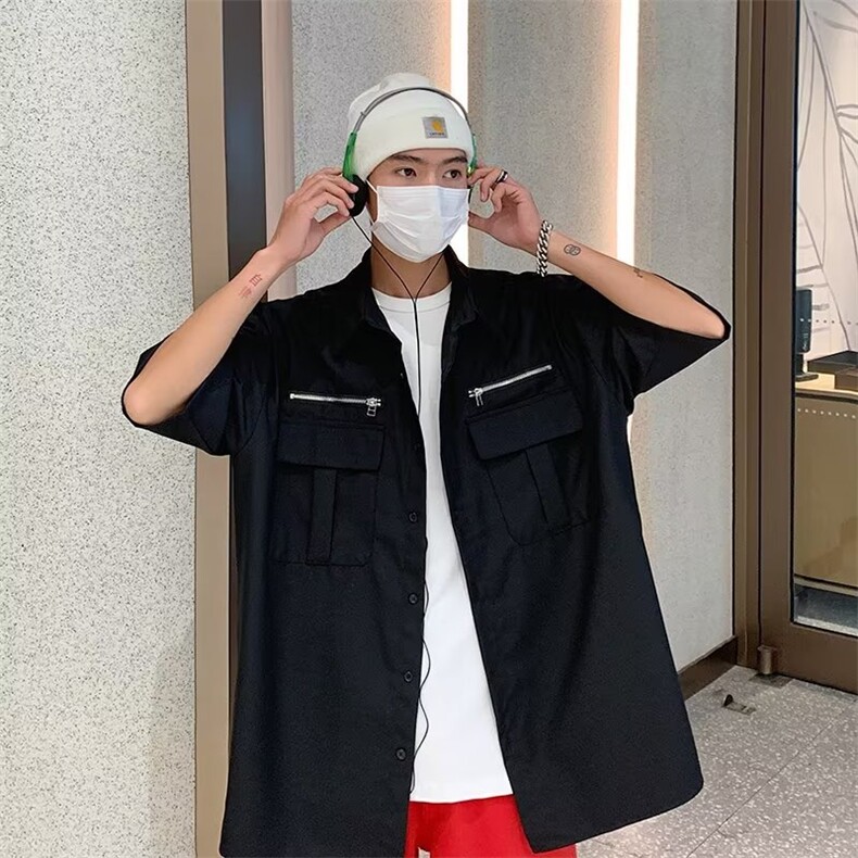 新款港风工装多口袋短袖衬衣男女潮大码外套衬衫男CS0229-P43，男装衬衫，星座308B-2