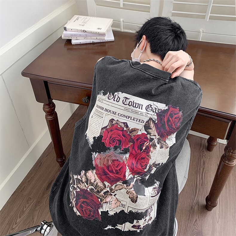 抖音供货、230克现货水洗棉印花宽松版无袖背心 D223A-SB2321-P35图片