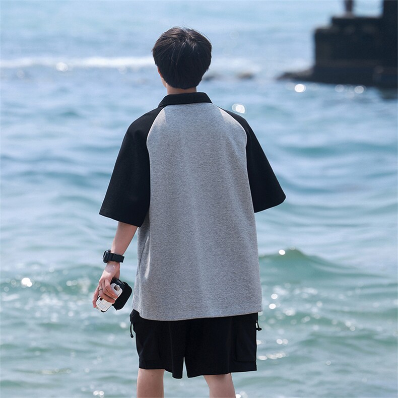 X5472-TP252024夏季新款POLO衫拼色中性港风插肩五分袖翻领T恤,男装T恤,电商A102-1