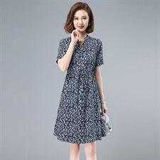 2021夏装新款碎花连衣裙半开领抽绳可调节印花中长款短袖裙子，女装连衣裙，伊满意
