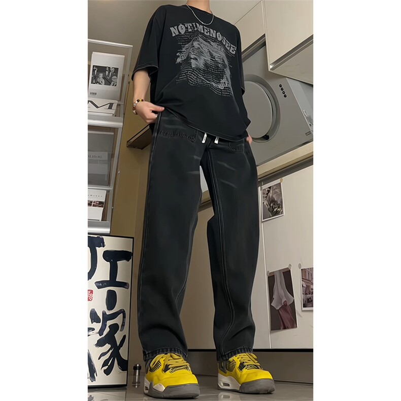 得物品质可二开宽松直筒松紧腰牛仔裤A439特P40,男装牛仔裤,电商A309