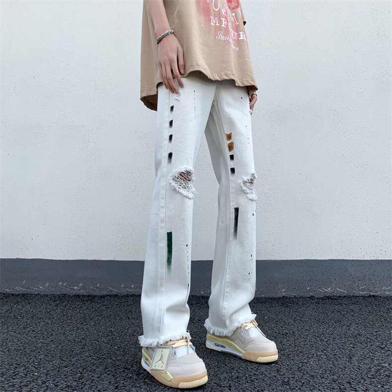 B221美式ins高街暗黑喷墨休闲破洞微喇牛仔裤LK23088-P65控88,男装牛仔裤,电商B221