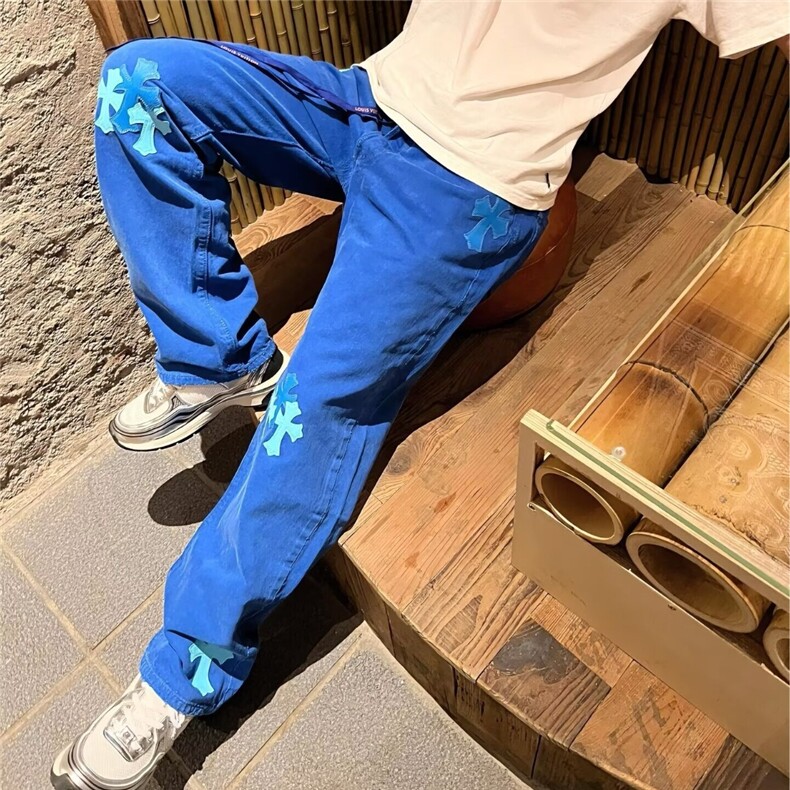 新款潮牌时尚中裤子春夏潮流微喇冰洗直筒牛仔裤女十字架贴皮帅,男装皮裤,星座1210-1