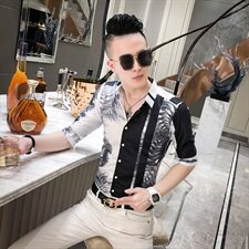 20春夏新款社会男潮流衬衫个性修身中袖夜店男衬衣A068-D830-P55，男装衬衫，星座419（原A233）