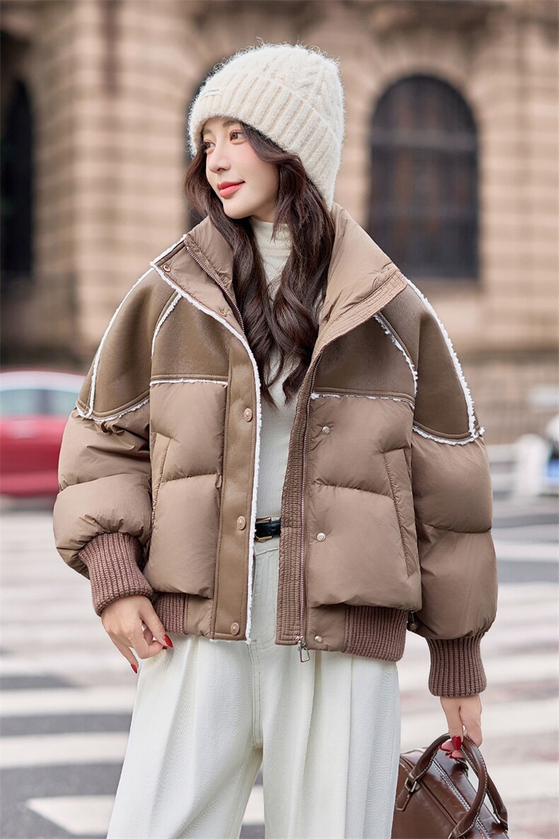 【bao款大货已出】2025冬装新款PU皮拼接立领保暖羽绒服90%白鸭绒,女装羽绒服,雅静靓衣