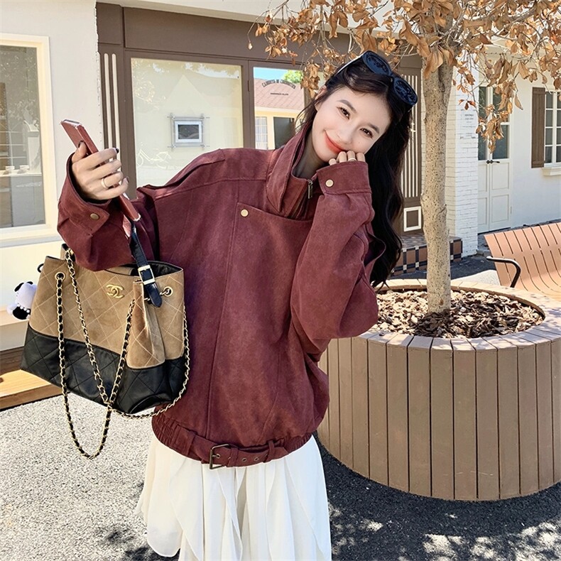 麂皮绒机车服酒红色翻领廓形短款外套女秋图片
