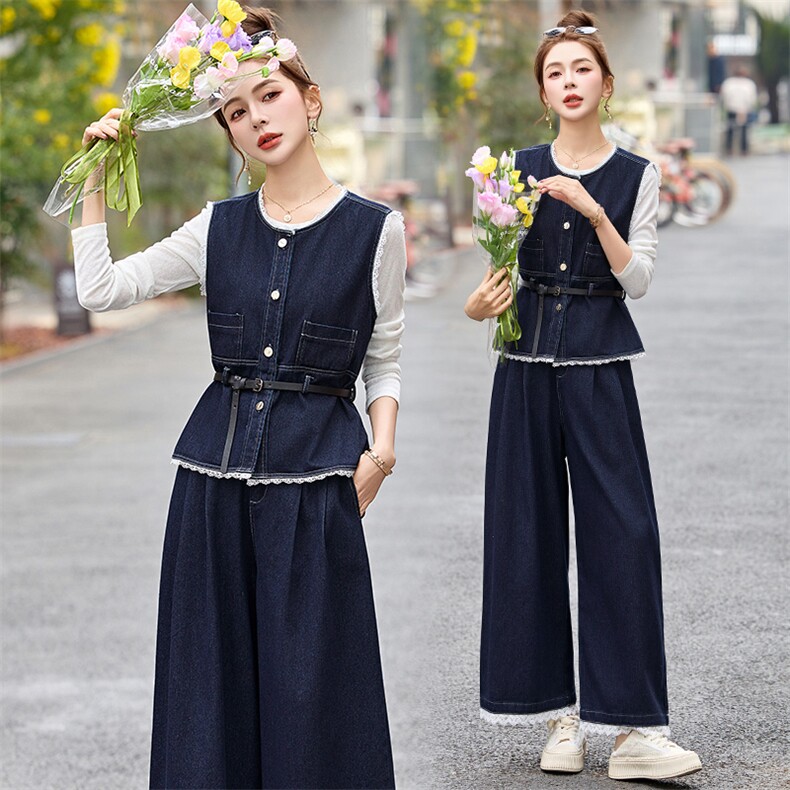 韩系穿搭小香风时尚马甲套装女2025春季新款气质牛仔阔腿裤三件套，女装套装/套裙，伊仟回