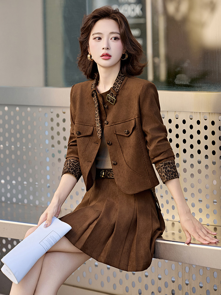撞色豹纹拼接套装裙女2025秋新款洋气小个子减龄百褶裙两件套,女装套装/套裙,流量+
