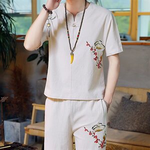 夏季纯棉套装男休闲装潮刺绣短袖t恤时尚宽松男装两件套TZ025图片