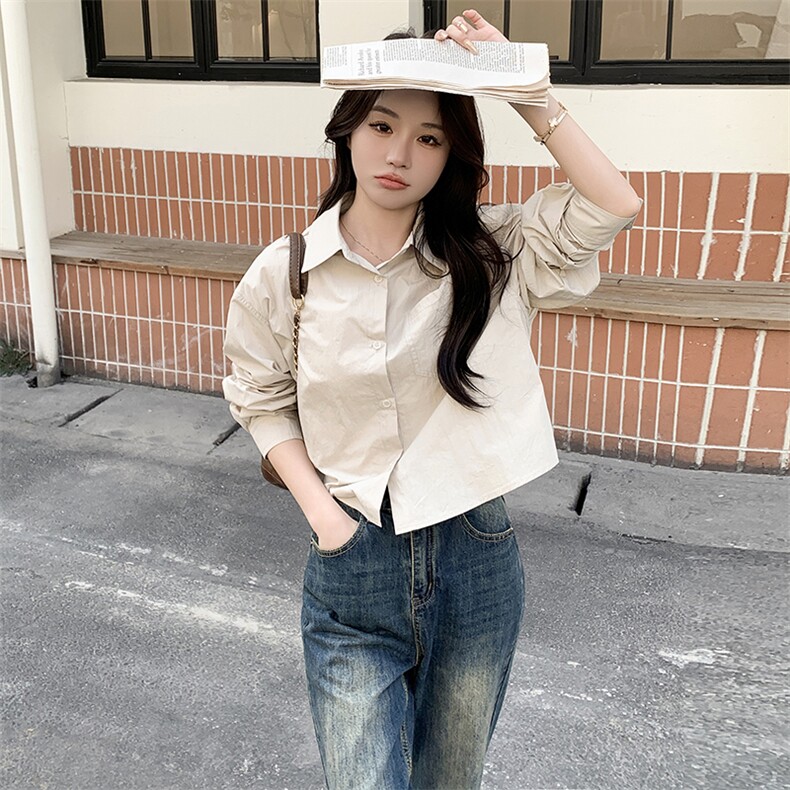 时尚新品短款淡粉色棉衬衫女字母口袋宽松休闲衬衣百搭休闲上衣长,女装衬衫,鑫慧