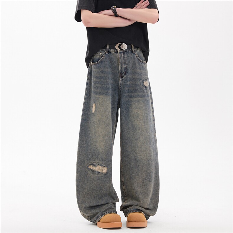 GENIOLAMODE破洞牛仔裤男秋季新款水洗阔腿直筒美式拖地宽松裤子，男装牛仔裤，星座905-2