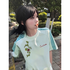抖音得物品质二开240克宽松纯棉美式潮牌印花三条杠中性风短袖T恤，男装T恤，电商A486