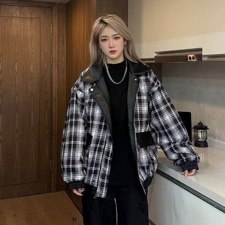 双面穿格子机车棉服男女款加厚高级感工装皮衣宽松美式夹克外套潮,男装夹克,星座613