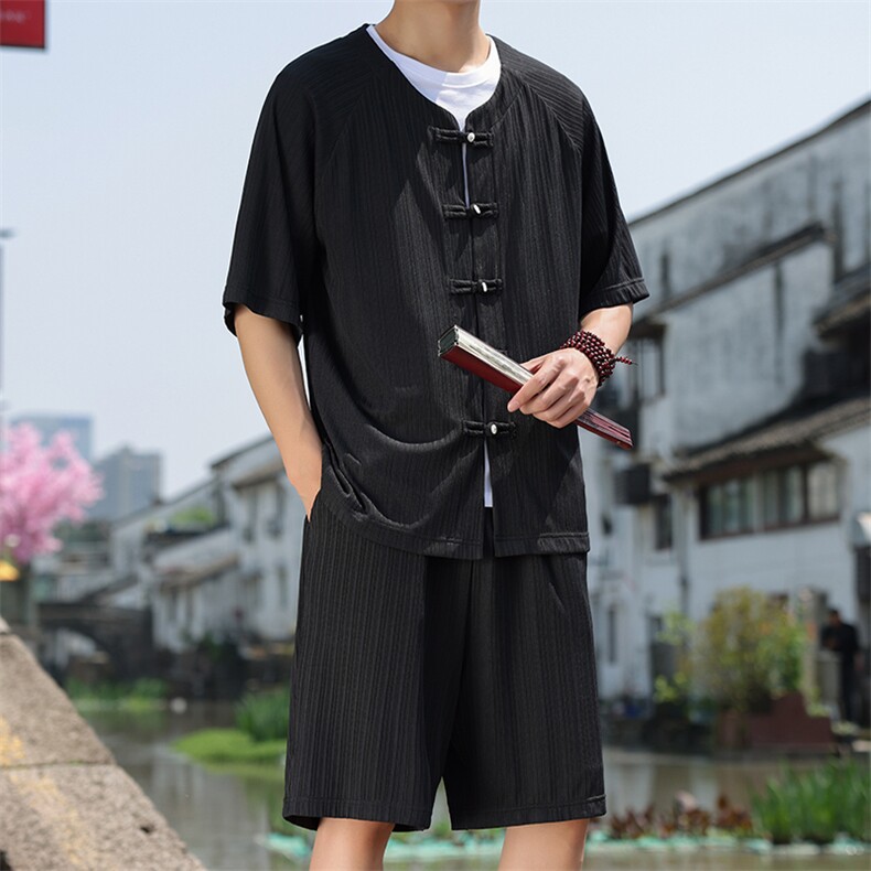2025夏季风男装套装针织竖纹理唐装套装短袖+短裤A101-P75,男装休闲套装,电商B277(原6028)