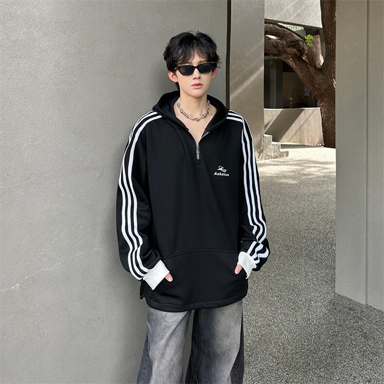 秋季宽松休闲连帽半拉链卫衣长袖条纹三条杠外套XZ808B-WH087-P48,女装短外套,星座808B