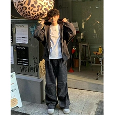 阔腿慵懒风格子裤男女宽松直筒松弛感深灰暗纹褶皱休闲裤K9G6，男装休闲裤，星座1116A（原606A-3）