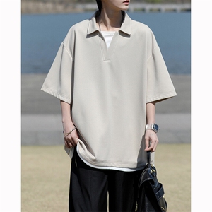 8XL-M假两件V领短袖t恤男夏翻领半袖宽松重磅华夫格大码DT001P40图片