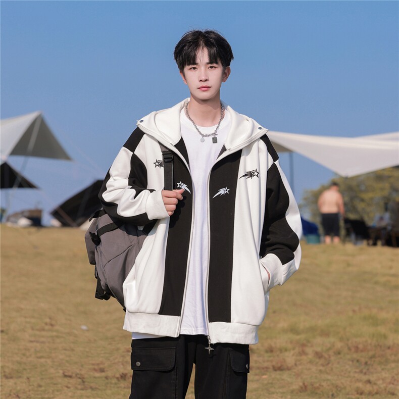 抖音品质重磅华棉撞色港风拼接开衫卫衣KWY2401-P75控108,男装卫衣,电商B370