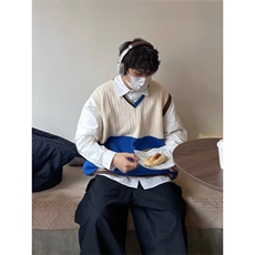 MM371-P45复古撞色原宿风无袖v领针织背心外穿坎肩毛衣，男装背心/马甲，星座617A-2
