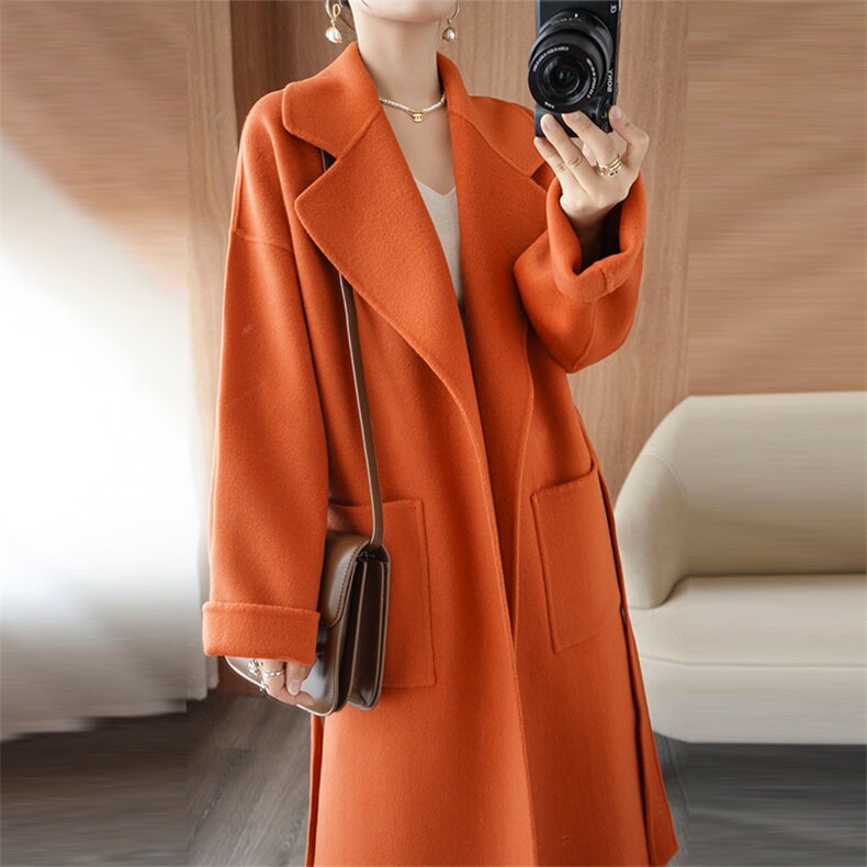 优雅气质橙色羊毛大衣秋冬新款百搭时尚长款外套显瘦显高，女装双面呢大衣，乾庄羊绒