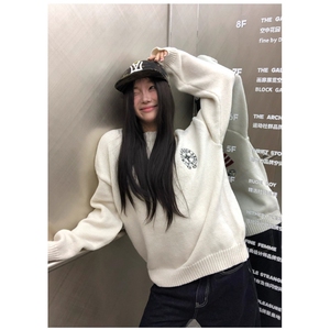 美式复古旗帜字母提花毛衣男女cleanfit慵懒风百搭宽松情侣针织衫图片