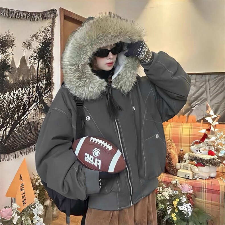 现货重磅boxy短款棉衣座山雕大毛毛领男女棉服水洗工装厚外套，男装棉衣，电商A486-1