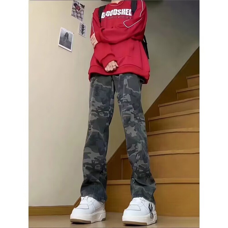 抖音得物美式复古迷彩微喇工装裤男款vibe高街裤子修身牛仔裤AK11,男装牛仔裤,电商A443