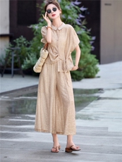 天丝棉麻套装女夏新款慵懒松弛感穿搭宽松休闲设计感上衣+阔腿裤，女装套装/套裙，素月