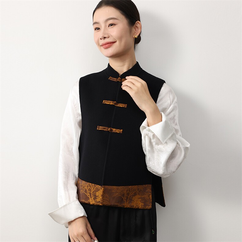复古中式黑色羊毛马甲外套女士传统风格立领盘扣上衣秋冬款图片
