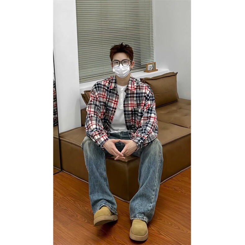 1506/Q30300/P43早秋韩系穿搭格子衬衫男高级感男装长袖衬衣外套,男装衬衫,星座1506