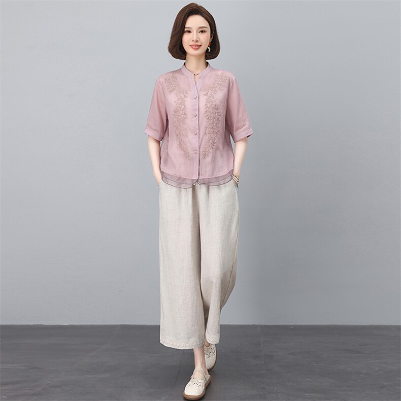 新中式2025夏季新款纯苎麻阔腿裤套装休闲两件套，女装套装/套裙，忆绮罗