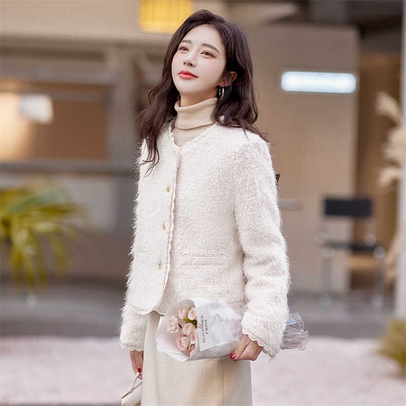 粉色甜美小香风羽绒服女短款2025冬季新款气质白鸭绒内胆毛呢外套，女装短外套，贝蕾酷儿