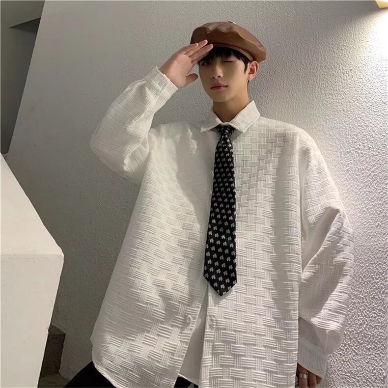 C82-P40华夫格长袖衬衫男ins港风痞帅衬衣外套男宽松潮流休闲，男装衬衫，电商B323A