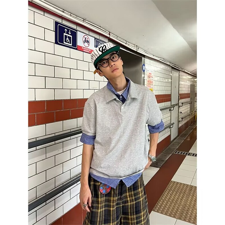 美式小众设计格子拼接短袖polo衫T恤男女夏宽松百搭潮流上衣图片